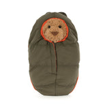 Green sleeping bag with bear face on a white background
