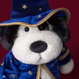 A plush dog toy dressed as a wizard, wearing a blue velvet hat and matching robe with gold star details, photographed against a dark red background.