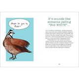 A printed page with a bird illustration on the left and a text passage on the right. The page has a white border and a light gray outer background.