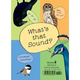 Back book cover titled "What's that Sound?" with cartoon animals and speech bubbles on a four-color background. 