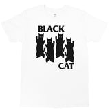 A white short-sleeve crewneck t-shirt featuring a black graphic print of four black cat silhouettes in a row, with the text 'BLACK CAT' printed in a bold black font above and below the cats.