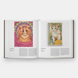 Open book displaying illustrations of cats by Louis Wain and Pierre Bellot on a white background.