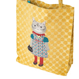 Yellow polka dot tote bag with a cat design on a white background