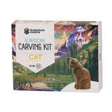 Soapstone carving kit packaging with a mountain and cat illustration, featuring the brand 'Studiostone Creative'.