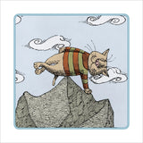 Illustration of a cat in a sweater standing on a rock with clouds in the background