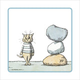 Illustration of a cat with a pile of stacked stones, one labeled 'XV'.