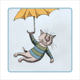 A square art print featuring a whimsical illustration of a cat wearing a green and blue striped sweater and holding an open yellow umbrella, set against a pale blue background with a thin blue border.