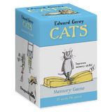 Edward Gorey 'CATS' Memory Game box, featuring blue and white packaging with yellow title text and whimsical cat illustrations.