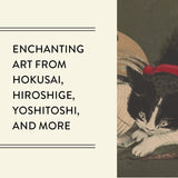 Design with the text 'ENCHANTING ART FROM HOKUSAI, HIROSHIGE, YOSHITOSHI, AND MORE' on a warm cream background, alongside a traditional Japanese-style illustration of a black-and-white cat wearing a red bow.