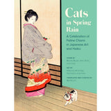 Book cover for 'Cats in Spring Rain' featuring a Japanese-style illustration of a woman in a kimono next to a small cat, with a mint green title panel on the right.