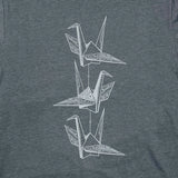 Gray t-shirt with white origami crane design on a plain background