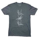 A dark heather gray crewneck t-shirt featuring a vertical graphic of three white origami cranes on the front, displayed flat against a white background.