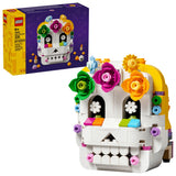 LEGO skull model with colorful flowers and packaging on a white background