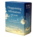 The game box for 'Disappointing Affirmations: The Game' by Dave Tarnowski, featuring a blue sky and white clouds design on the front and spine, shown on a plain white background.
