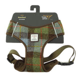 Plaid dog harness with Glen Appin branding on a white background