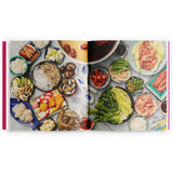 An open cookbook spread showing a colorful overhead photograph of a hot pot meal with noodles, vegetables, meats, and dipping sauces on a white background.