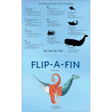 Book page of 'Flip-A-Fin' by Sara Ball with illustrations of sea creatures on a blue background.