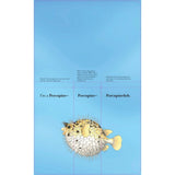 A square blue printed panel with a cartoon pufferfish near the bottom and small text sections across the top
