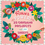 Book cover for 'Flower Power! 25 Origami Projects and 200 Sheets' by Search Press, featuring a colorful origami flower wreath on a pink background with a hand holding the right side of the wreath.