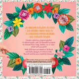 Back cover of a craft book titled 'Origami Flowers' featuring a pink background, a colorful border of folded paper flowers, and a central text block describing 25 origami projects. A hand is visible holding one of the paper flowers on the left side.