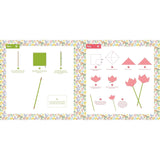 A two-panel craft instruction sheet showing how to make paper flowers. The left panel, labeled 'make', shows steps with a green square, green stems, and a small box.