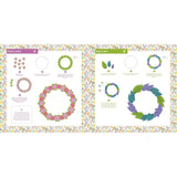 A two-page craft instruction sheet showing how to make floral and leaf paper wreaths, with step-by-step diagrams and circular templates on a white background with a multicolor confetti border.