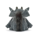 A gray plush gargoyle toy shown from the back, featuring fluffy textured fur, small horns, and wings, photographed on a clean white background.