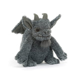 A plush gray gargoyle toy with small horns, folded wings, and a soft furry texture, photographed on a clean white background.