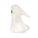 A small white plush ghost toy with  black eyes, photographed against a seamless white background.
