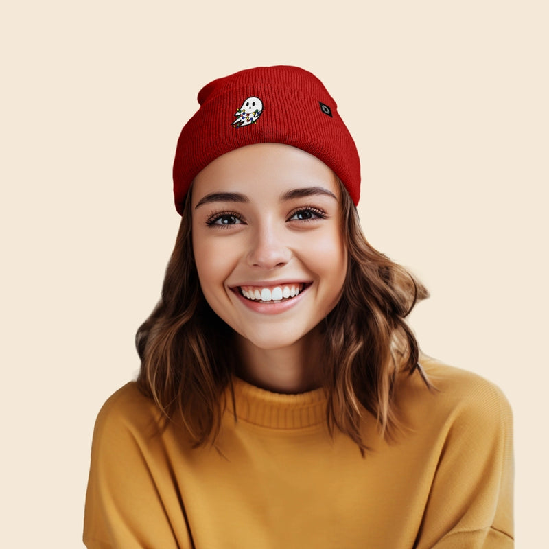 Beanie Cap - Christmas Lights Ghost Red