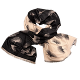 Black and tan scarf with gingko leaf designs on a plain white background