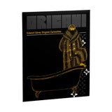 Origami box cover titled 'Edward Gorey Origami Curiosities' featuring a black background with a gold sketch of a figure in a long coat standing by a bathtub and large gray 'ORIGAMI' text at the top.