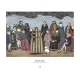 An art print featuring an illustration by Edward Gorey titled 'The Andrey-Gore Legacy', depicting a group of stylized figures in historical clothing under a dark, textured sky. The print is centered on a white background with the artist's name and title printed below.
