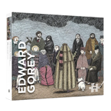 A jigsaw puzzle box featuring an illustrated scene of multiple people in vintage clothing under a dark sky, with the name 'EDWARD GOREY' printed vertically on the left side and a white puzzle piece icon in the lower right corner.