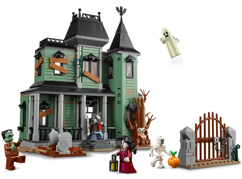 LEGO haunted house set with characters and accessories on a white background