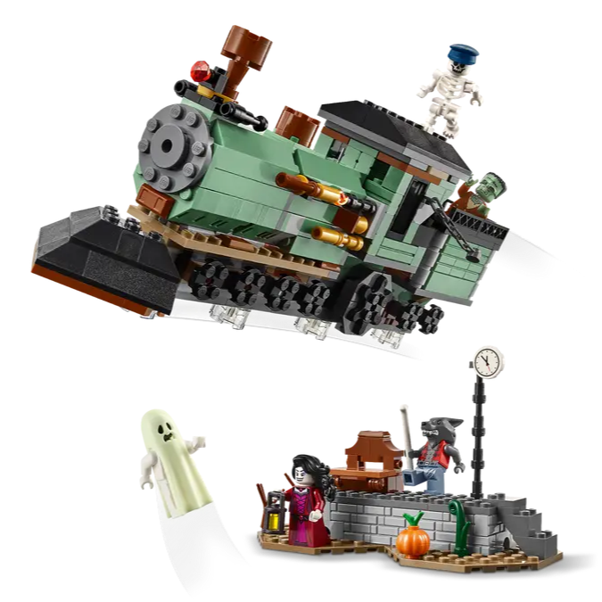 Toy train set with detailed components on a white background