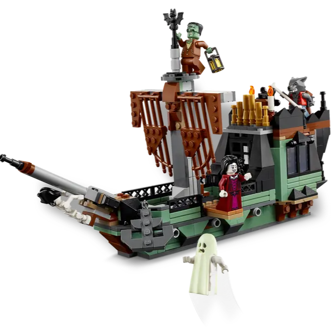 Pirate ship model made of interlocking bricks on a white background
