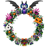 A circular Halloween-themed decorative wreath made of colorful building blocks, featuring a purple bat at the top, a white ghost, an orange jack-o'-lantern, green foliage, flowers, spiderwebs, and small spider details on a plain white background.