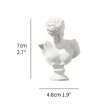 White bust sculpture with dimensions indicated on a white background
