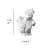 White marble bust with dimensions indicated on a white background