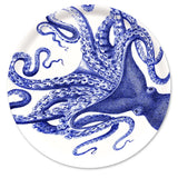 Blue octopus illustration on a round tray white background