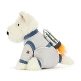 Plush dog toy with a space suit and rocket on a white background