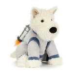 Plush toy dog in a space suit with a jet-pack on a white background