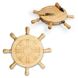 Wooden ship's wheel with cutlery set on a white background