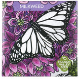 Milkweed seed packet with a butterfly design on a purple background