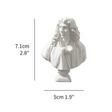 White bust sculpture with dimensions indicated on a white background