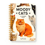 Sticker book titled 'Moody Cats' with cat illustrations on a white background
