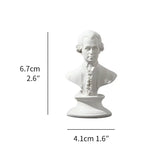 White bust sculpture with dimensions indicated on a white background