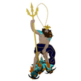 A handmade felt cutout ornament of the Roman god Neptune, holding a gold trident and standing on a small blue and gold ship, isolated on a white background.