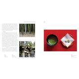 An open book spread showing a right-hand page with a photograph of a black bowl of green matcha tea and a small wrapped food item on a bright red square, alongside a left-hand page with text and two small photos.